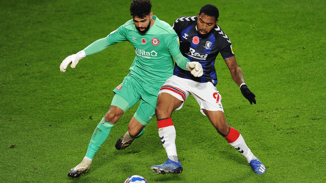David Raya challenges for the ball against Middlesbrough